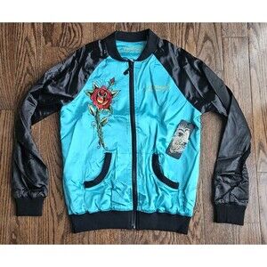 Vtg Y2K Ed Hardy by Christian Audigier Blue Satin/Silk Skull Rose Bomber S NEW